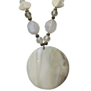 Oversized White Shell Pendant Statement Necklace 19" Icy Glass Beaded Bohemian